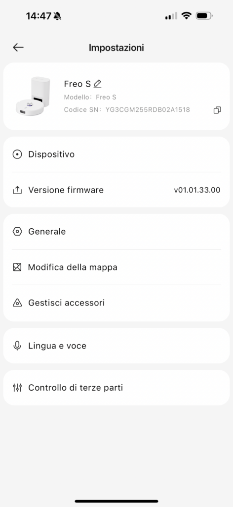 narwal freo s - app - impostazioni