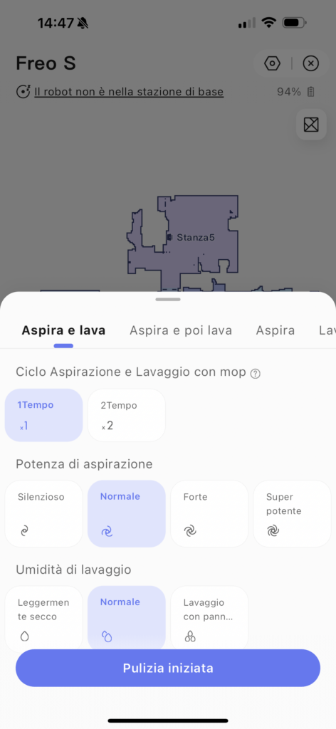 narwal freo s - app - modalità di aspirazione e lavaggio