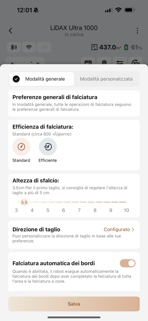 app MOVA LiDAX Ultra - impostazioni taglio